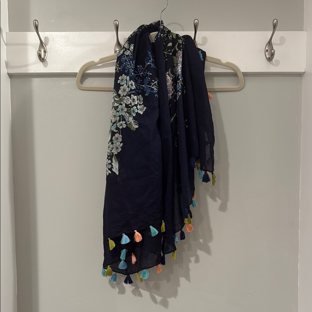 Floral Blue Scarf with Colorful Tassel Accents